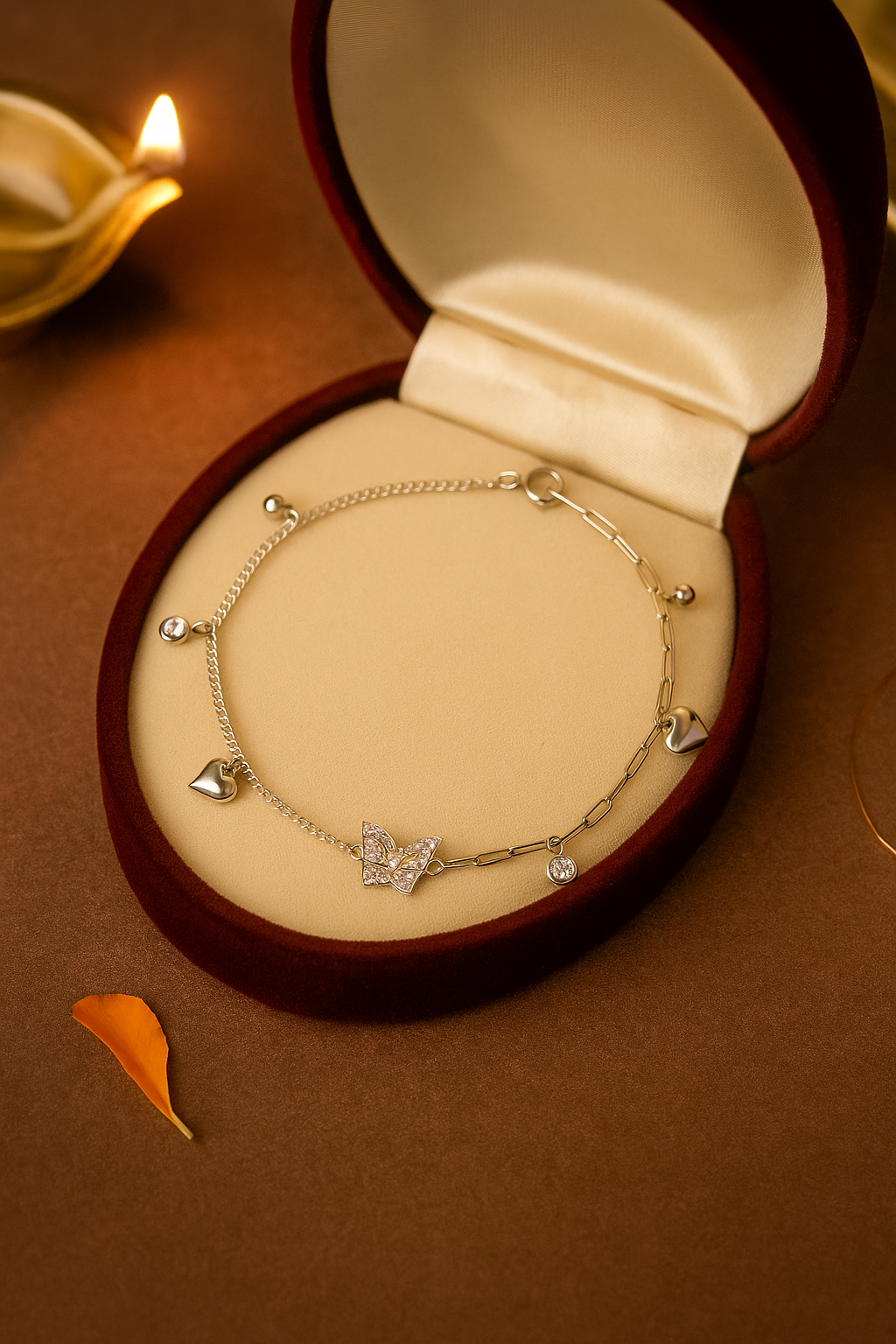 Elegant Silver Butterfly Heart Charm Anklet for Women & Girls | Mixed Link CZ Dangling Adjustable Anklet