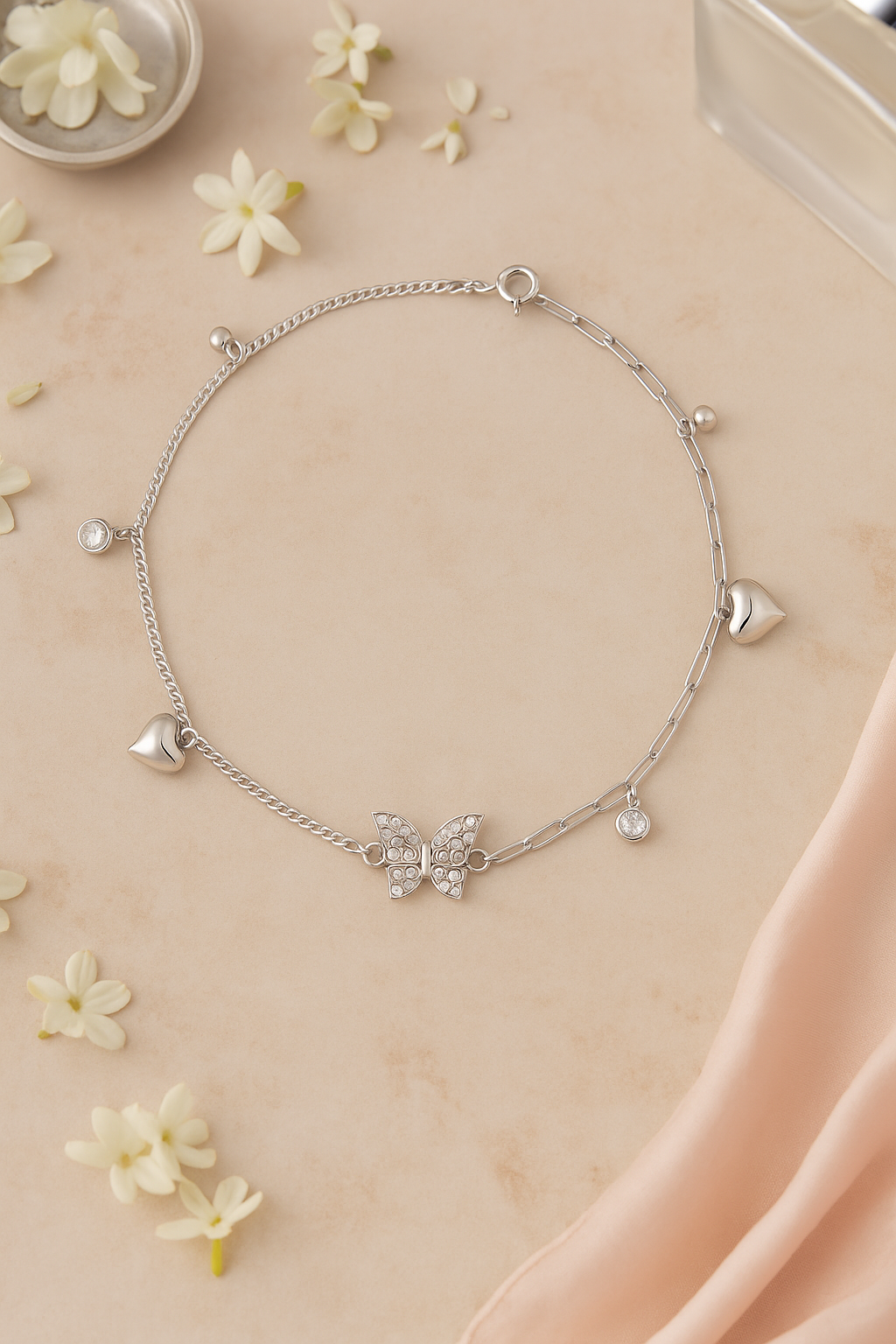 Elegant Silver Butterfly Heart Charm Anklet for Women & Girls | Mixed Link CZ Dangling Adjustable Anklet