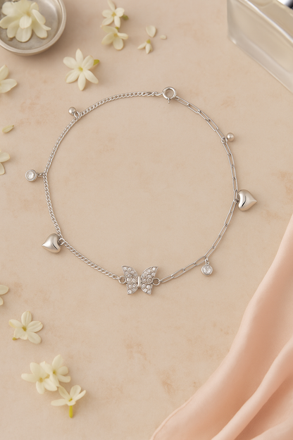 Elegant Silver Butterfly Heart Charm Anklet for Women & Girls | Mixed Link CZ Dangling Adjustable Anklet
