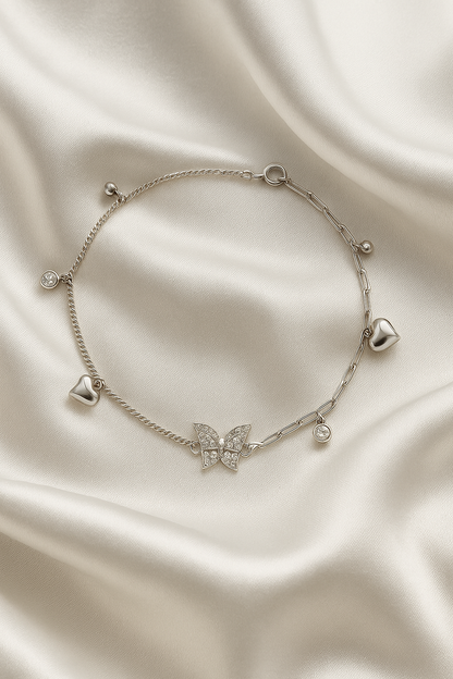 Elegant Silver Butterfly Heart Charm Anklet for Women & Girls | Mixed Link CZ Dangling Adjustable Anklet