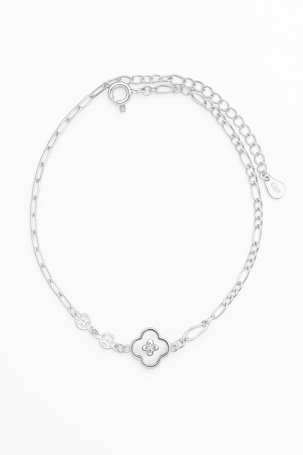 Elegant Silver Clover Charm Anklet for Women & Girls | Mixed Link Designer Adjustable Anklet