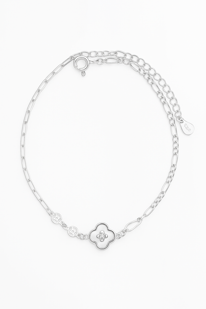 Elegant Silver Clover Charm Anklet for Women & Girls | Mixed Link Designer Adjustable Anklet