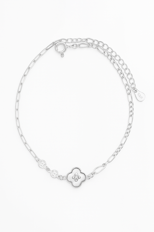 Elegant Silver Clover Charm Anklet for Women & Girls | Mixed Link Designer Adjustable Anklet