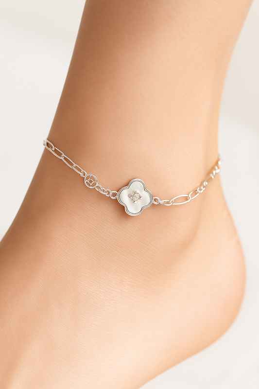Elegant Silver Clover Charm Anklet for Women & Girls | Mixed Link Designer Adjustable Anklet