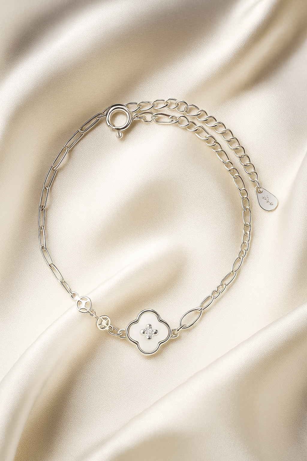 Elegant Silver Clover Charm Anklet for Women & Girls | Mixed Link Designer Adjustable Anklet