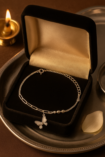 Elegant Silver Butterfly Charm Anklet for Women & Girls | Mixed Link Daily Wear Adjustable Anklet