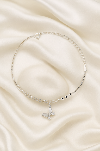 Elegant Silver Butterfly Charm Anklet for Women & Girls | Mixed Link Daily Wear Adjustable Anklet