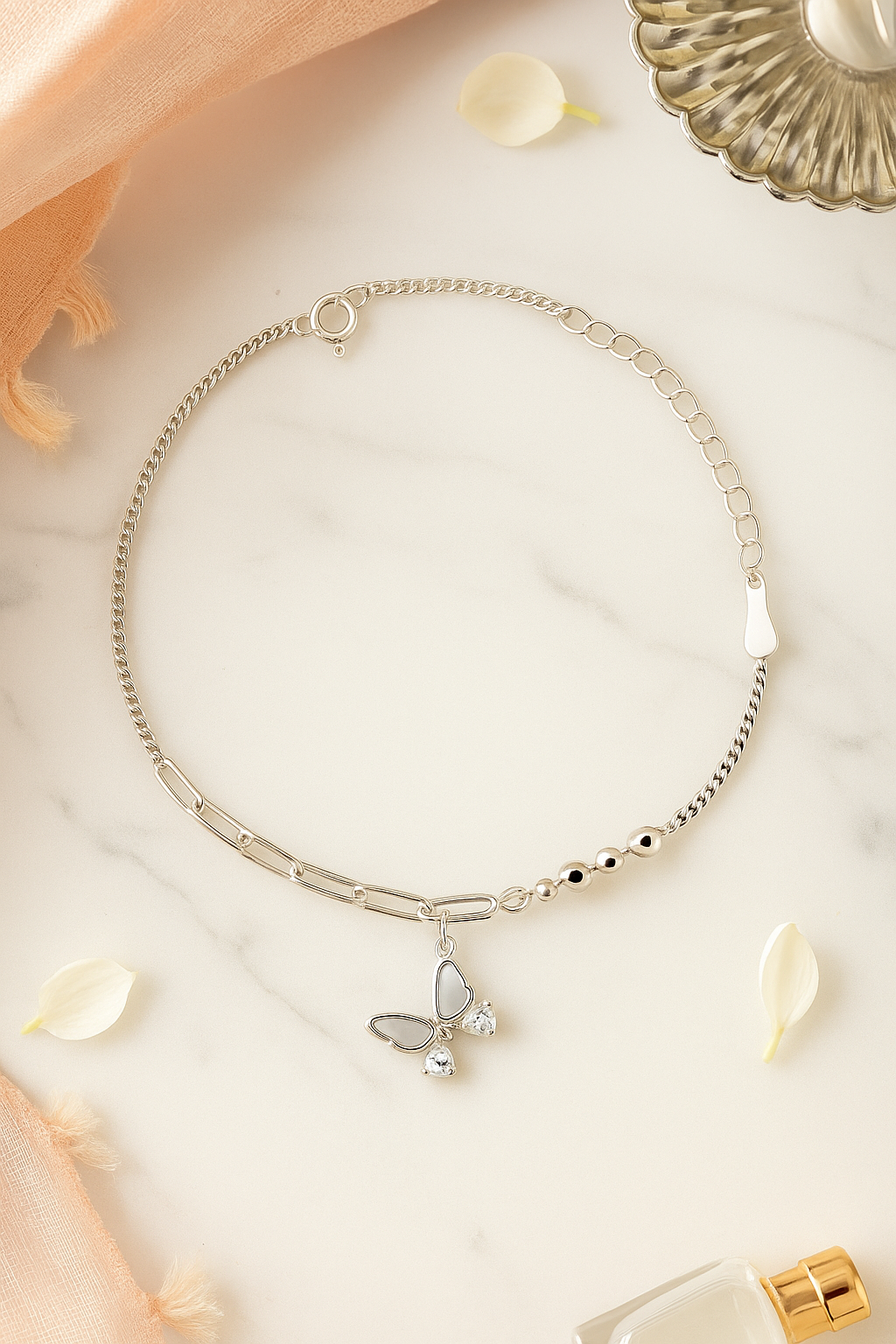 Elegant Silver Butterfly Charm Anklet for Women & Girls | Mixed Link Daily Wear Adjustable Anklet