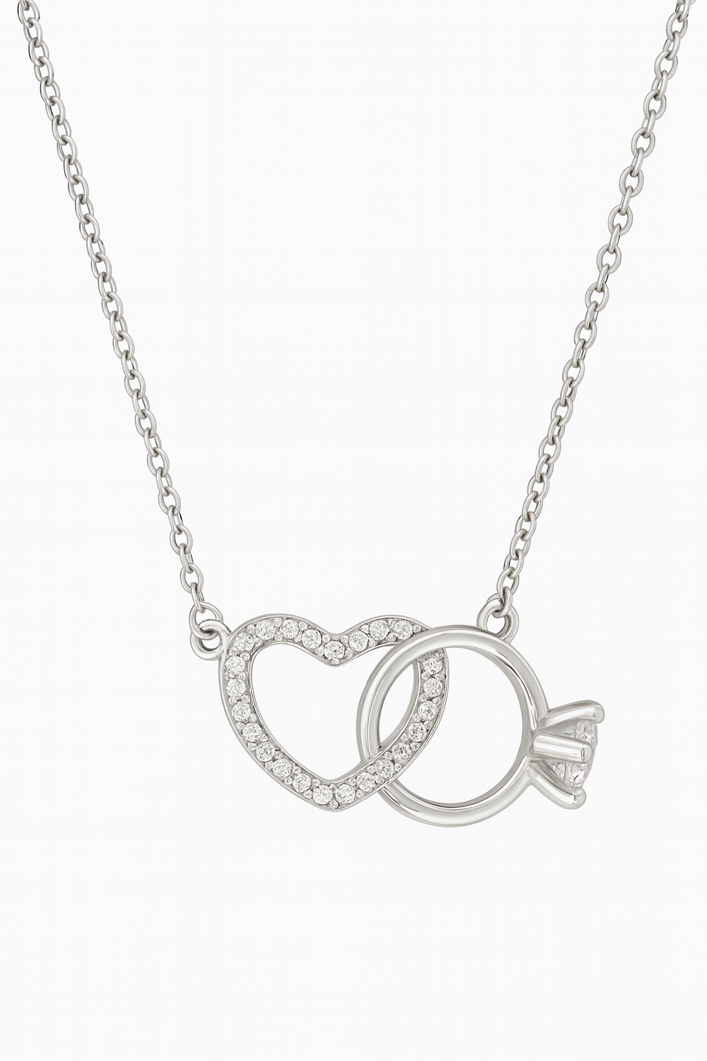 925 Silver Heart & Solitaire Ring Interlinked Pendant – Symbol of Love, Commitment & Forever Bond