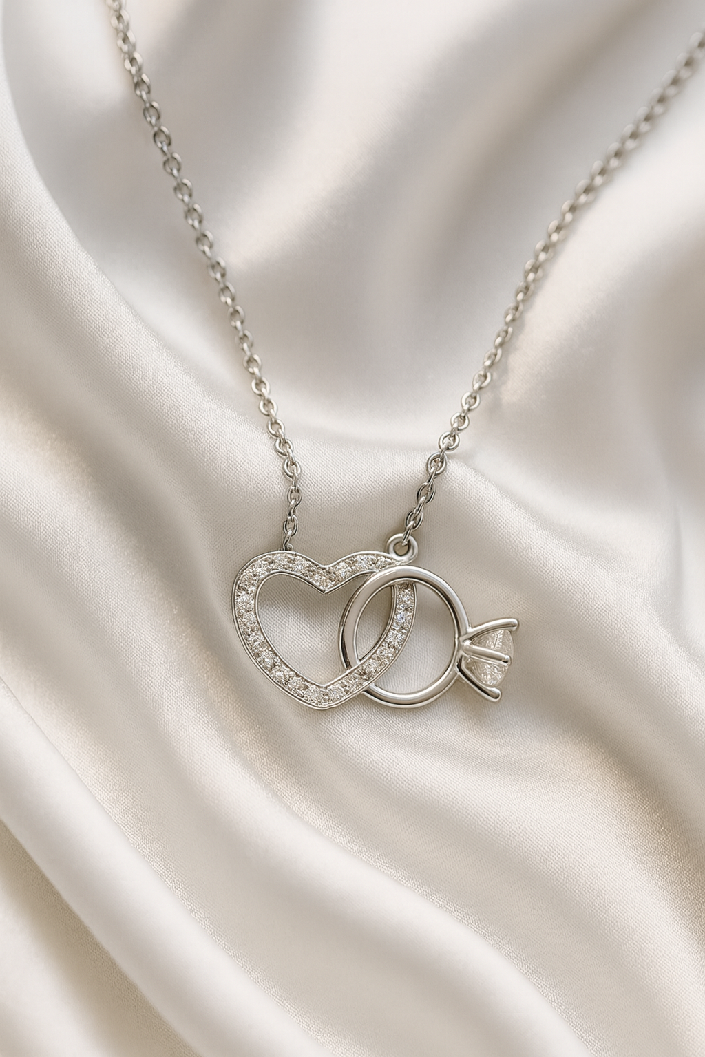 925 Silver Heart & Solitaire Ring Interlinked Pendant – Symbol of Love, Commitment & Forever Bond