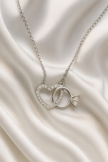 925 Silver Heart & Solitaire Ring Interlinked Pendant – Symbol of Love, Commitment & Forever Bond