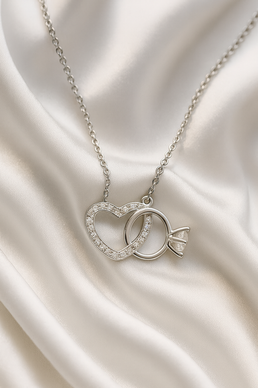 925 Silver Heart & Solitaire Ring Interlinked Pendant – Symbol of Love, Commitment & Forever Bond
