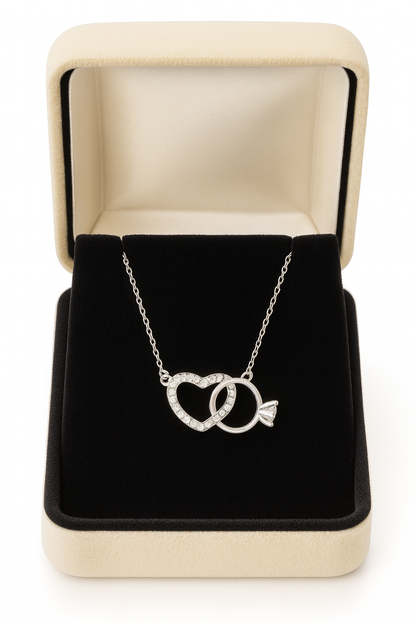 925 Silver Heart & Solitaire Ring Interlinked Pendant – Symbol of Love, Commitment & Forever Bond