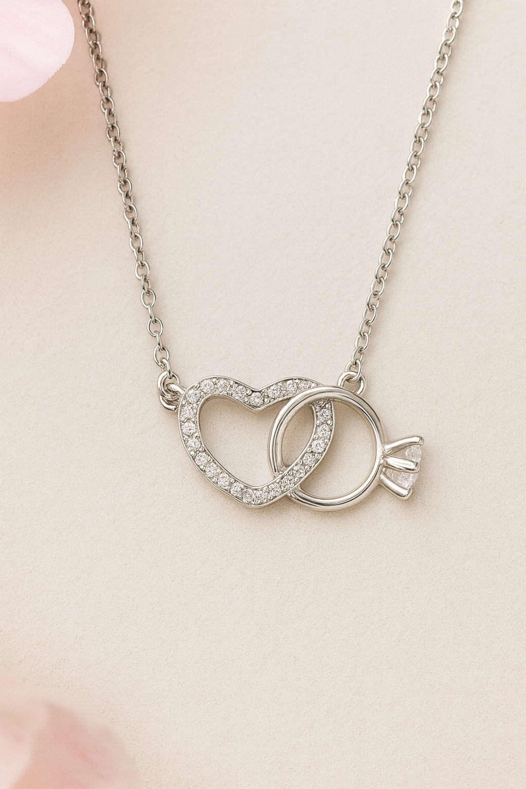 925 Silver Heart & Solitaire Ring Interlinked Pendant – Symbol of Love, Commitment & Forever Bond