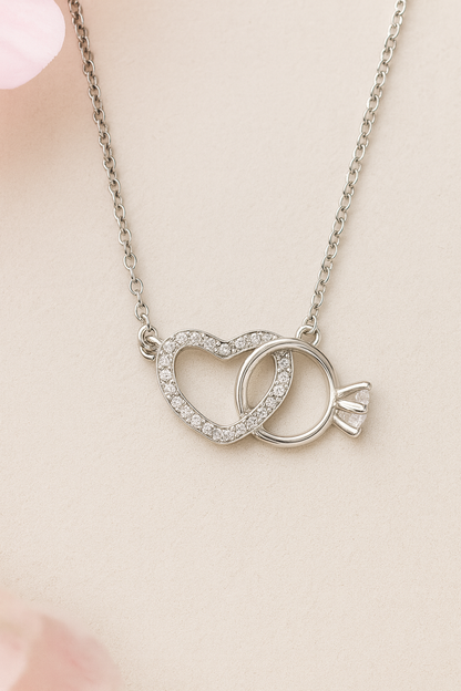 925 Silver Heart & Solitaire Ring Interlinked Pendant – Symbol of Love, Commitment & Forever Bond
