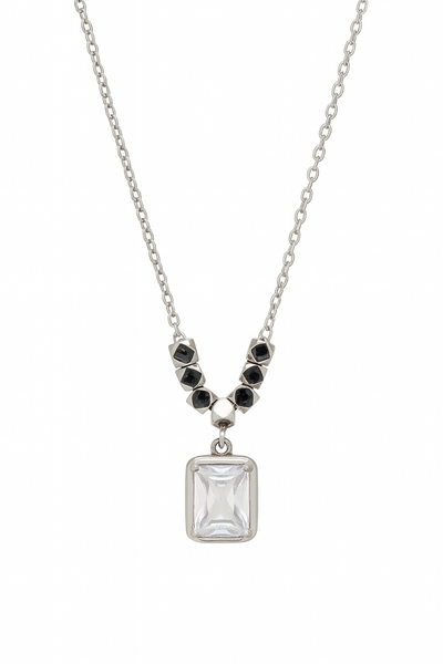 925 Silver Accented Pendant with Royal Emerald-Cut Crystal – Modern Luxe Statement Necklace