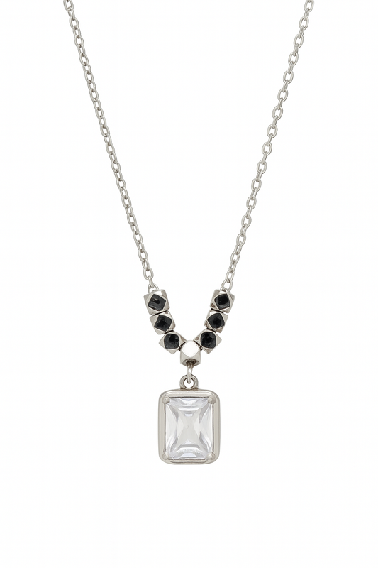 925 Silver Accented Pendant with Royal Emerald-Cut Crystal – Modern Luxe Statement Necklace