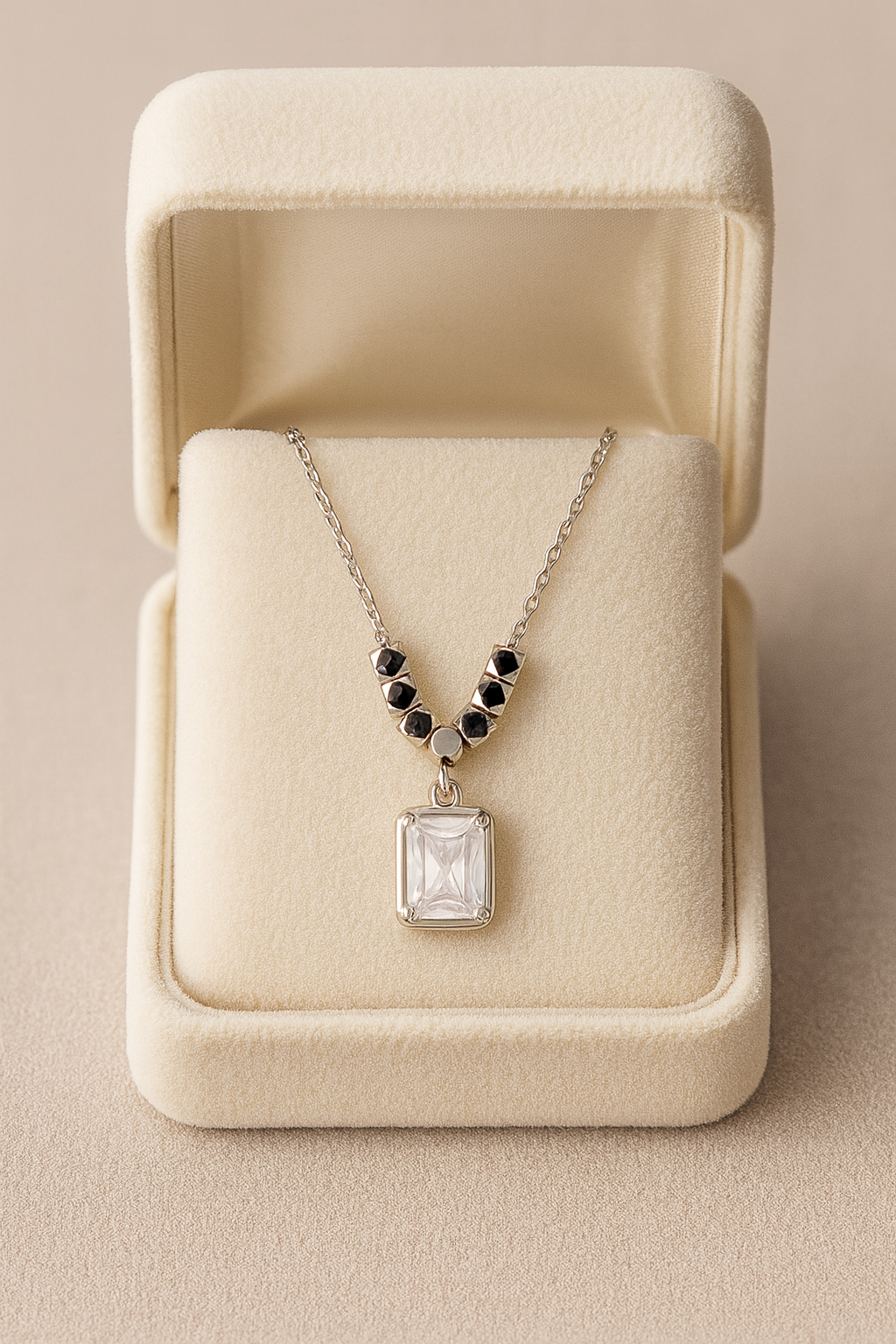 925 Silver Accented Pendant with Royal Emerald-Cut Crystal – Modern Luxe Statement Necklace