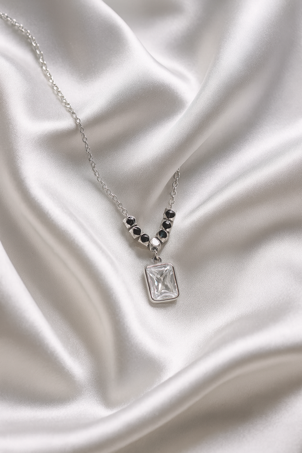 925 Silver Accented Pendant with Royal Emerald-Cut Crystal – Modern Luxe Statement Necklace