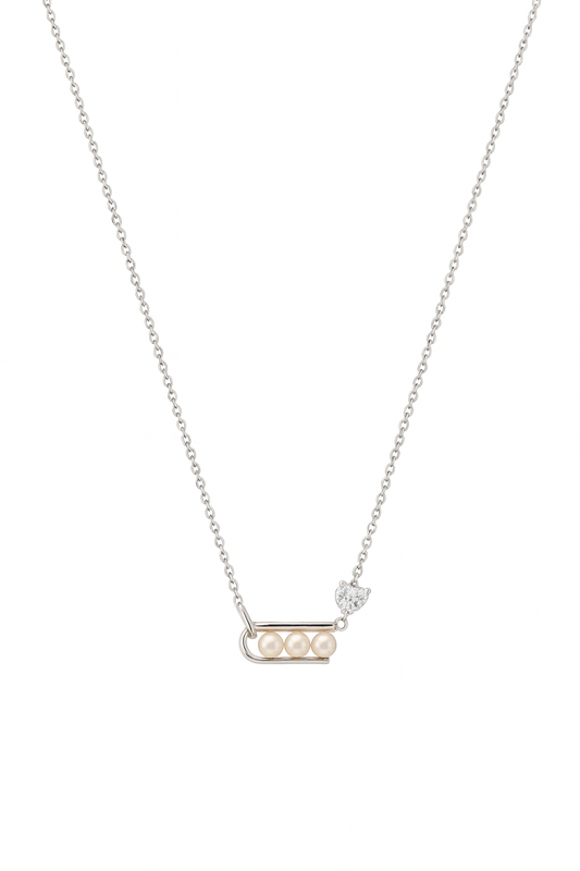 925 Silver Minimal Pearl Bar Necklace with CZ Heart Accent – Elegant Everyday Luxury Pendant