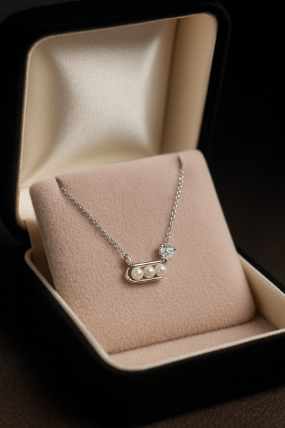 925 Silver Minimal Pearl Bar Necklace with CZ Heart Accent – Elegant Everyday Luxury Pendant