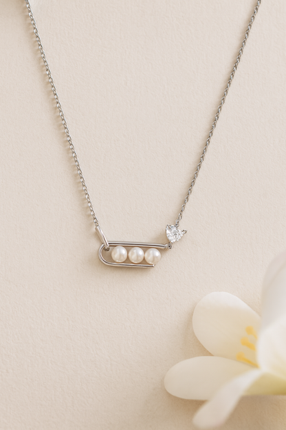 925 Silver Minimal Pearl Bar Necklace with CZ Heart Accent – Elegant Everyday Luxury Pendant