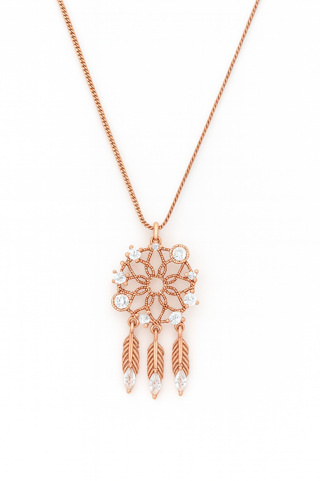 Rose Gold Dreamcatcher Pendant Necklace – Sparkling CZ Feathers, Boho Luxury Statement Piece