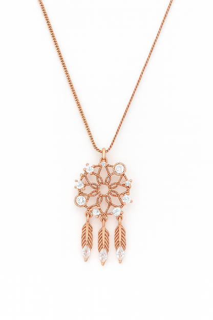 Rose Gold Dreamcatcher Pendant Necklace – Sparkling CZ Feathers, Boho Luxury Statement Piece