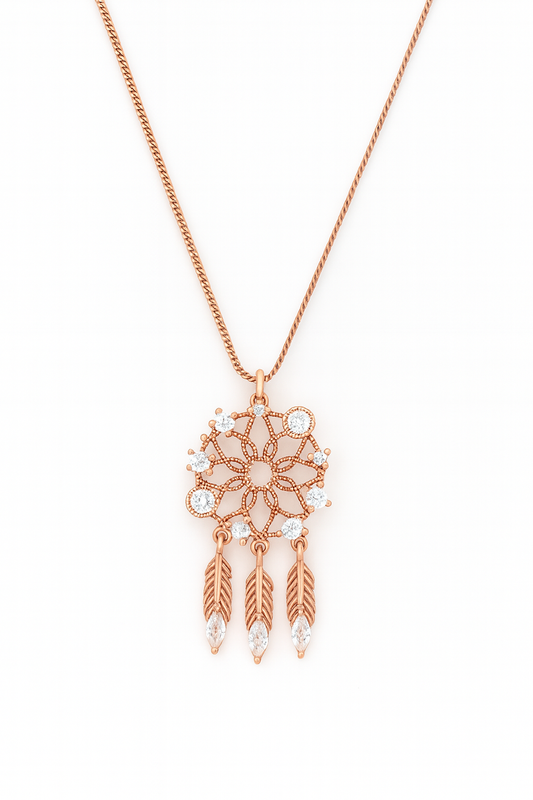 Rose Gold Dreamcatcher Pendant Necklace – Sparkling CZ Feathers, Boho Luxury Statement Piece