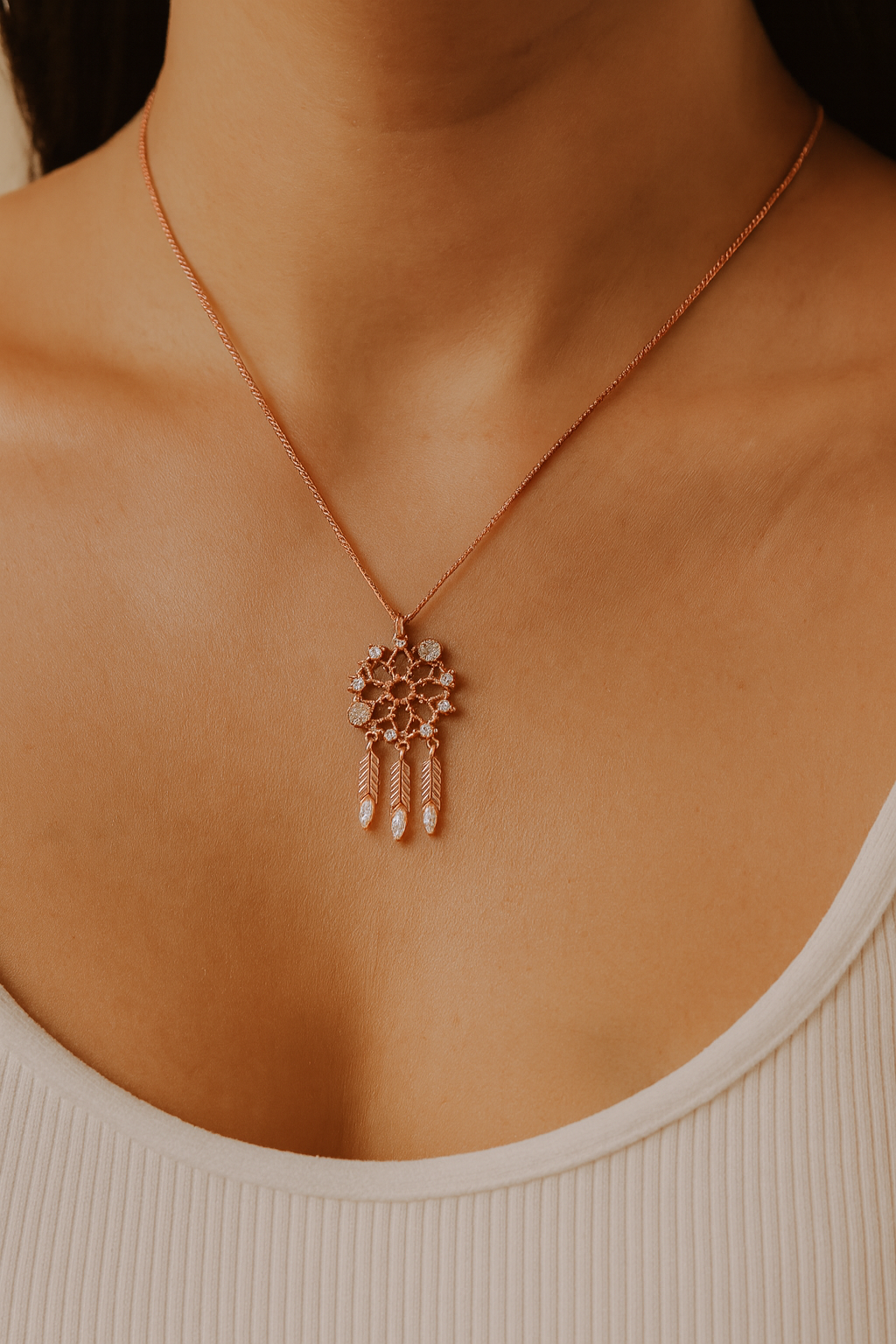 Rose Gold Dreamcatcher Pendant Necklace – Sparkling CZ Feathers, Boho Luxury Statement Piece
