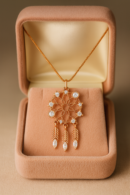 Rose Gold Dreamcatcher Pendant Necklace – Sparkling CZ Feathers, Boho Luxury Statement Piece