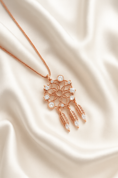 Rose Gold Dreamcatcher Pendant Necklace – Sparkling CZ Feathers, Boho Luxury Statement Piece