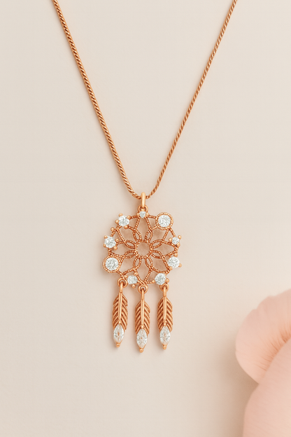 Rose Gold Dreamcatcher Pendant Necklace – Sparkling CZ Feathers, Boho Luxury Statement Piece