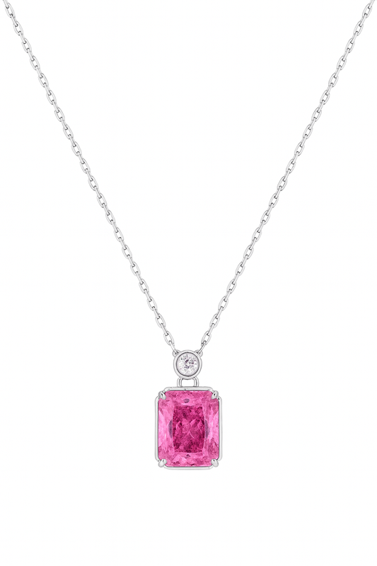 925 Silver Pink Emerald-Cut Solitaire Pendant with CZ Top – Chic, Modern & Elegant Everyday Necklace