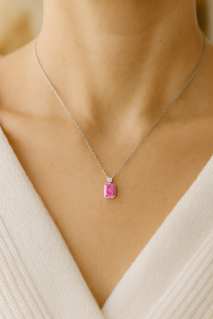 925 Silver Pink Emerald-Cut Solitaire Pendant with CZ Accent – Premium Sparkle & Modern Minimal Luxury