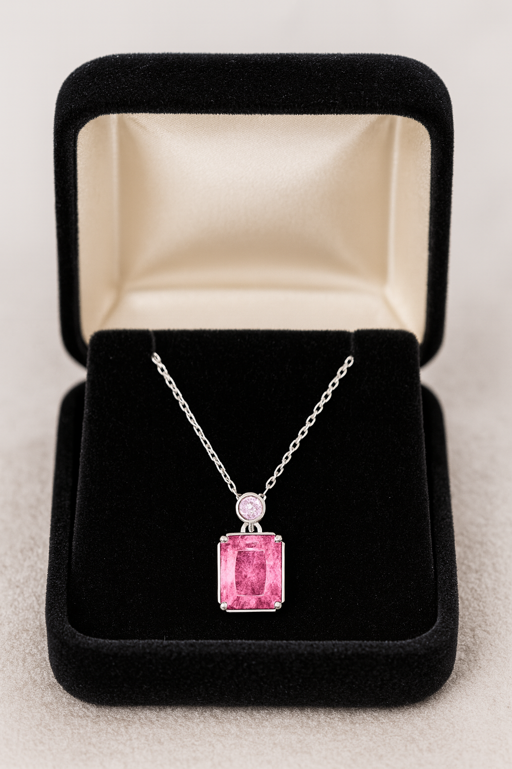 925 Silver Pink Emerald-Cut Solitaire Pendant with CZ Accent – Premium Sparkle & Modern Minimal Luxury