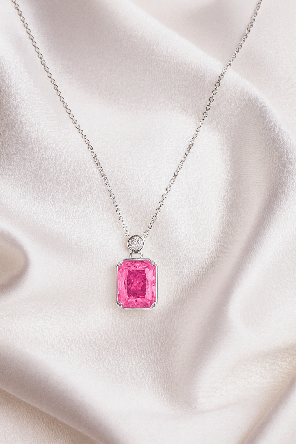 925 Silver Pink Emerald-Cut Solitaire Pendant with CZ Accent – Premium Sparkle & Modern Minimal Luxury