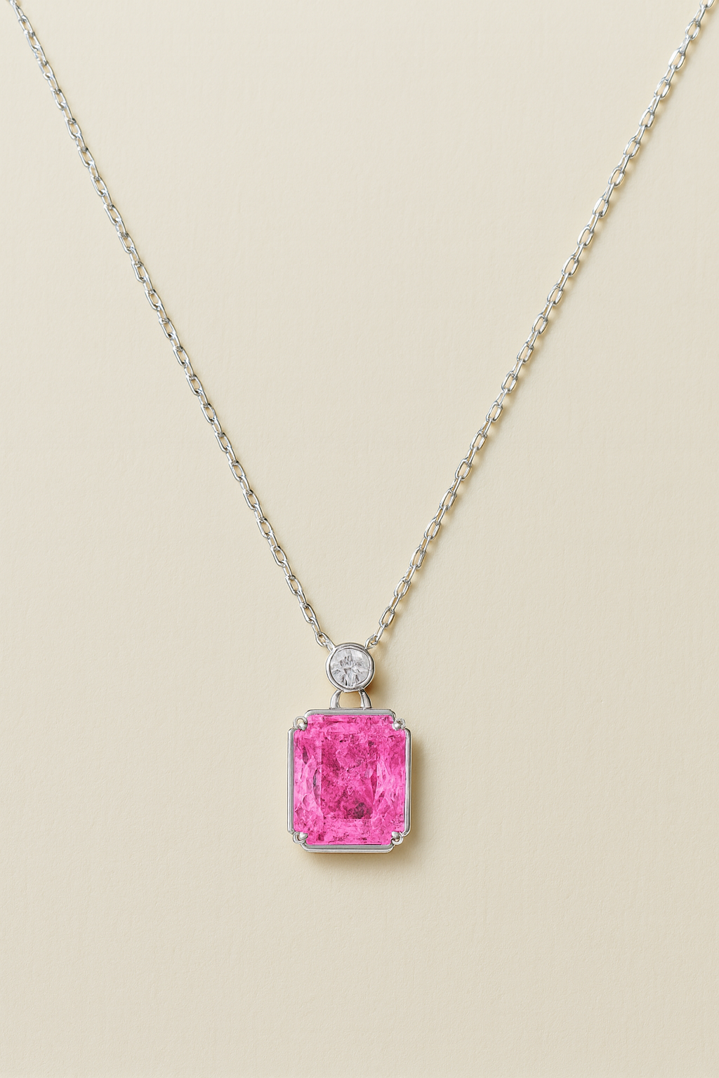 925 Silver Pink Emerald-Cut Solitaire Pendant with CZ Accent – Premium Sparkle & Modern Minimal Luxury