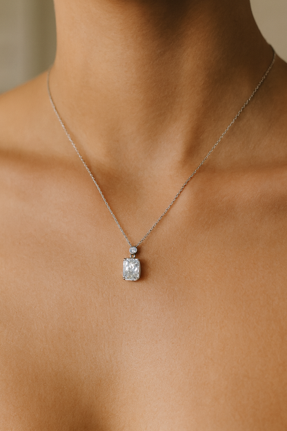 925 Silver Pink Emerald-Cut Solitaire Pendant with CZ Top – Chic, Modern & Elegant Everyday Necklace