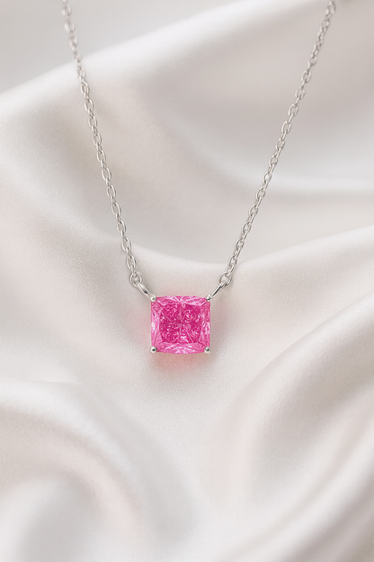 925 Silver Pink Princess-Cut Solitaire Pendant – Modern, Minimal & Ultra-Elegant Daily Luxury