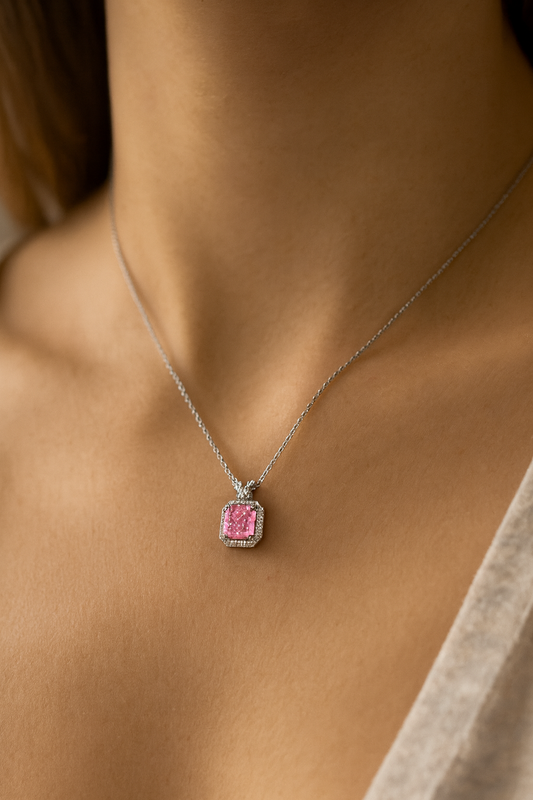 925 Silver Pink Cushion-Cut Halo Pendant – Luxury Sparkle with Timeless Modern Elegance