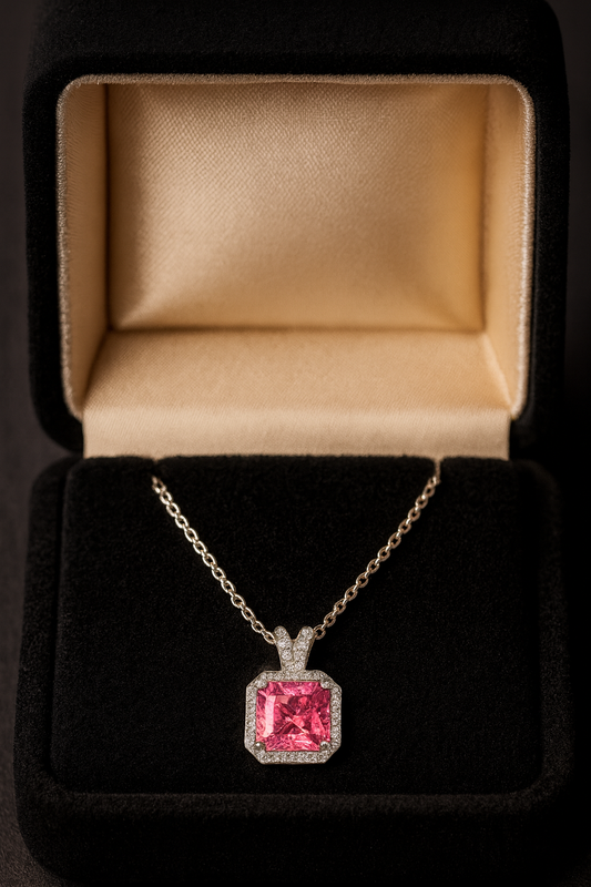925 Silver Pink Cushion-Cut Halo Pendant – Luxury Sparkle with Timeless Modern Elegance