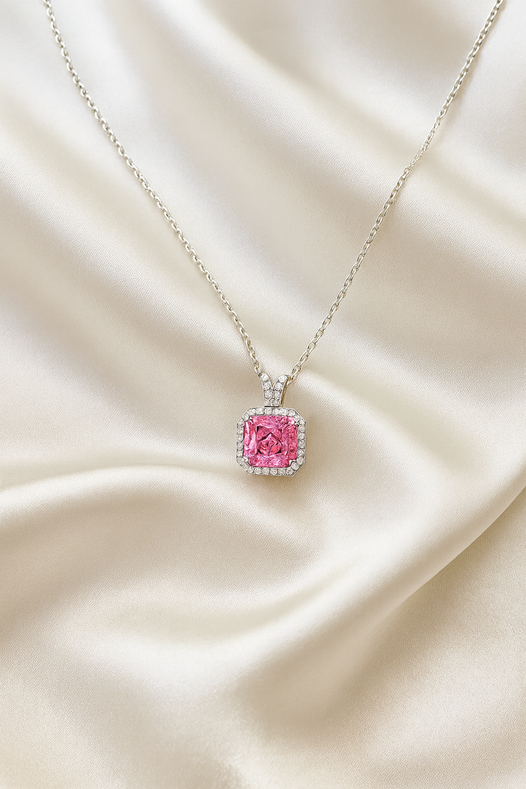 925 Silver Pink Cushion-Cut Halo Pendant – Luxury Sparkle with Timeless Modern Elegance