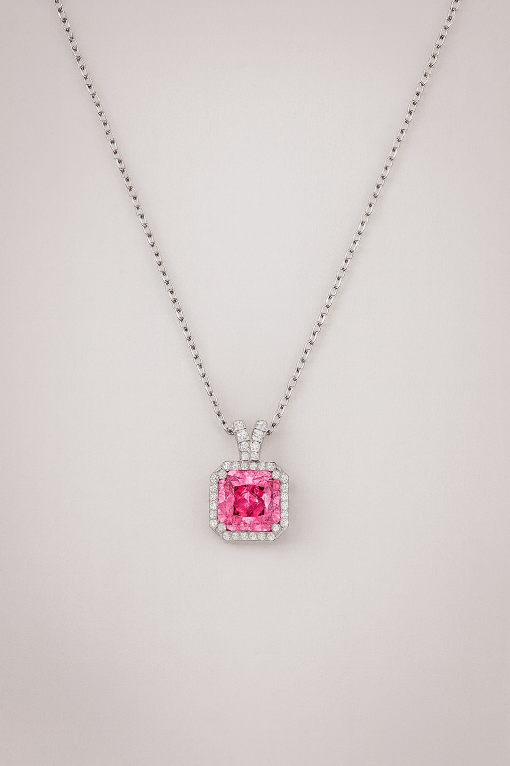 925 Silver Pink Cushion-Cut Halo Pendant – Luxury Sparkle with Timeless Modern Elegance