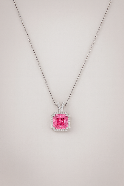 925 Silver Pink Cushion-Cut Halo Pendant – Luxury Sparkle with Timeless Modern Elegance