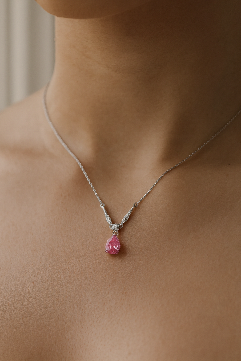 925 Silver Pink Teardrop Solitaire Pendant – Elegant V-Curve CZ Detailing for Timeless Feminine Sparkle