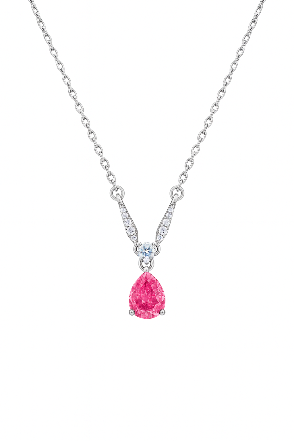 925 Silver Pink Teardrop Solitaire Pendant – Elegant V-Curve CZ Detailing for Timeless Feminine Sparkle