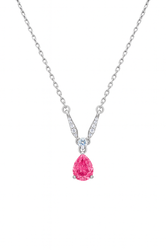925 Silver Pink Teardrop Solitaire Pendant – Elegant V-Curve CZ Detailing for Timeless Feminine Sparkle