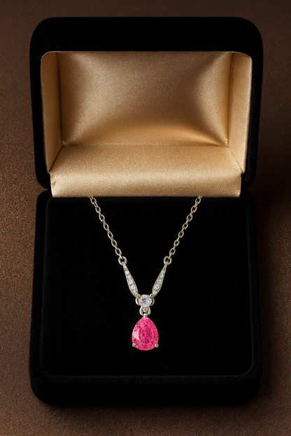 925 Silver Pink Teardrop Solitaire Pendant – Elegant V-Curve CZ Detailing for Timeless Feminine Sparkle