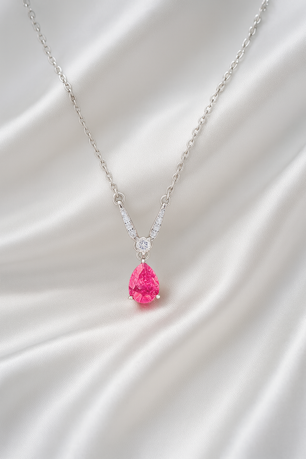 925 Silver Pink Teardrop Solitaire Pendant – Elegant V-Curve CZ Detailing for Timeless Feminine Sparkle